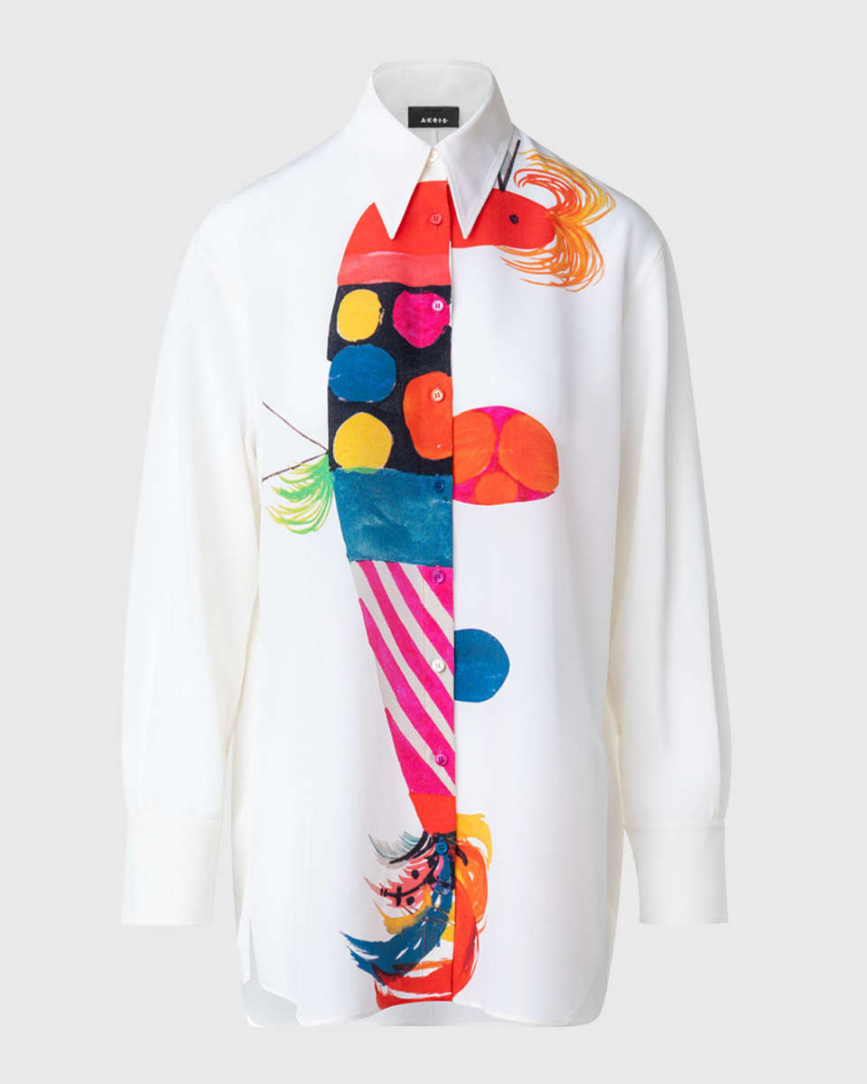 Silk Crepe Blouse with Rooster Print