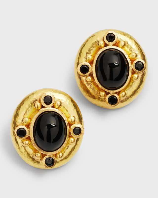 19K Yellow Gold Black Onyx Earrings with Black Spinel