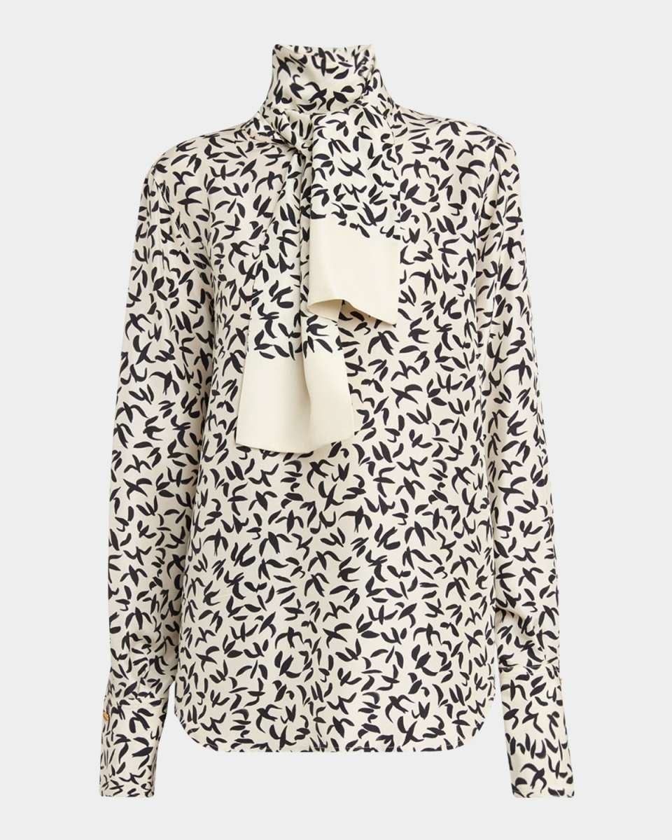 Jami Swallows-Print Silk Shirt With Scarf