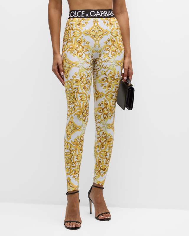 Tile-Print Branded Elastic Jersey Leggings