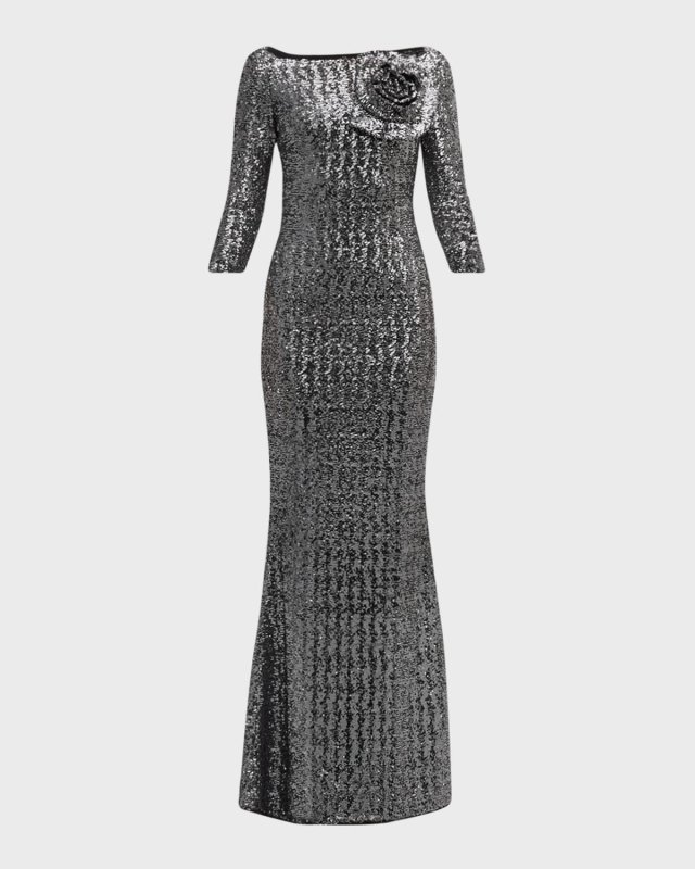 Boat-Neck Sequin Mermaid Gown