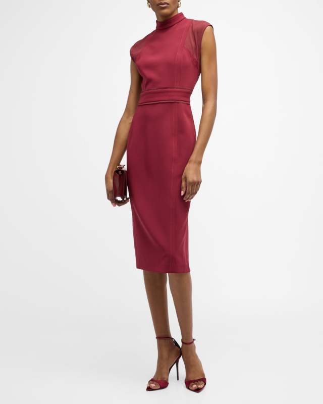 Mesh-Panel Sleeveless Italian Stretch Cady Midi Dress