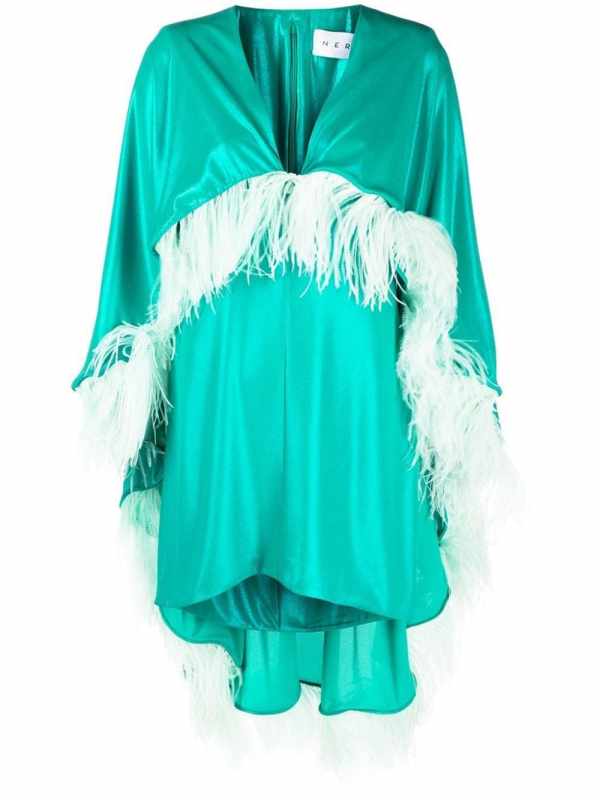 feather-trim empire asymmetric dress