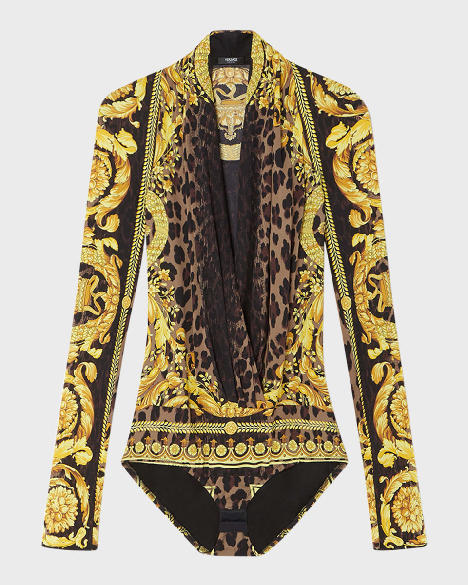 Wild Barocco Silk Georgette Long-Sleeve Bodysuit