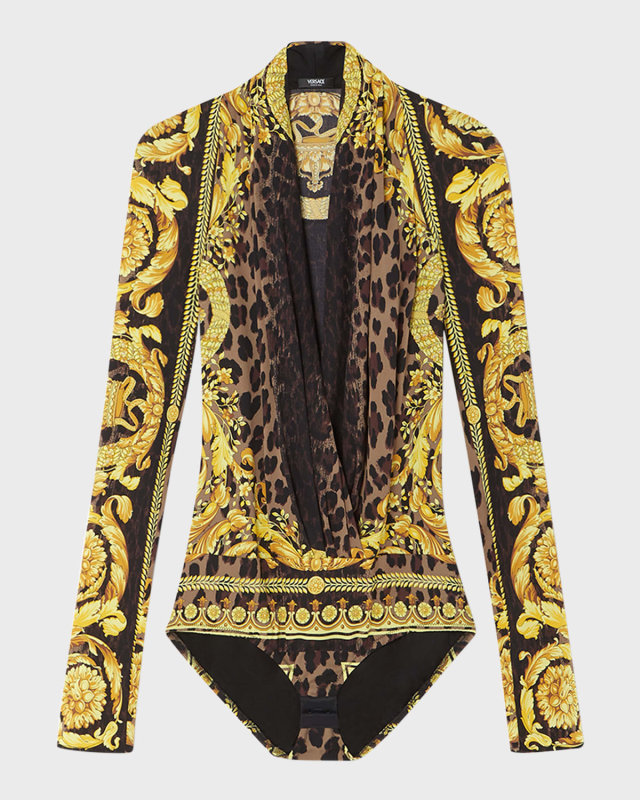 Wild Barocco Silk Georgette Long-Sleeve Bodysuit