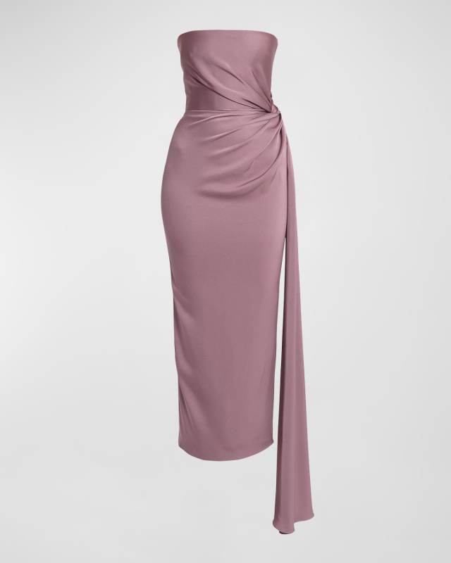 Strapless Satin Midi Dress with Draped Detail