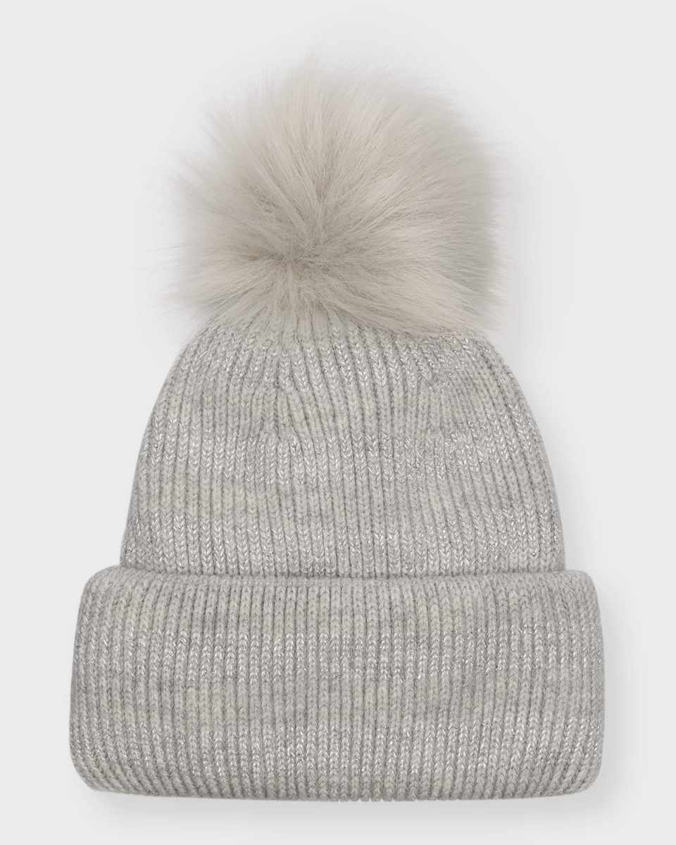 Metallic Striped Knit Beanie With Faux Fur Pom