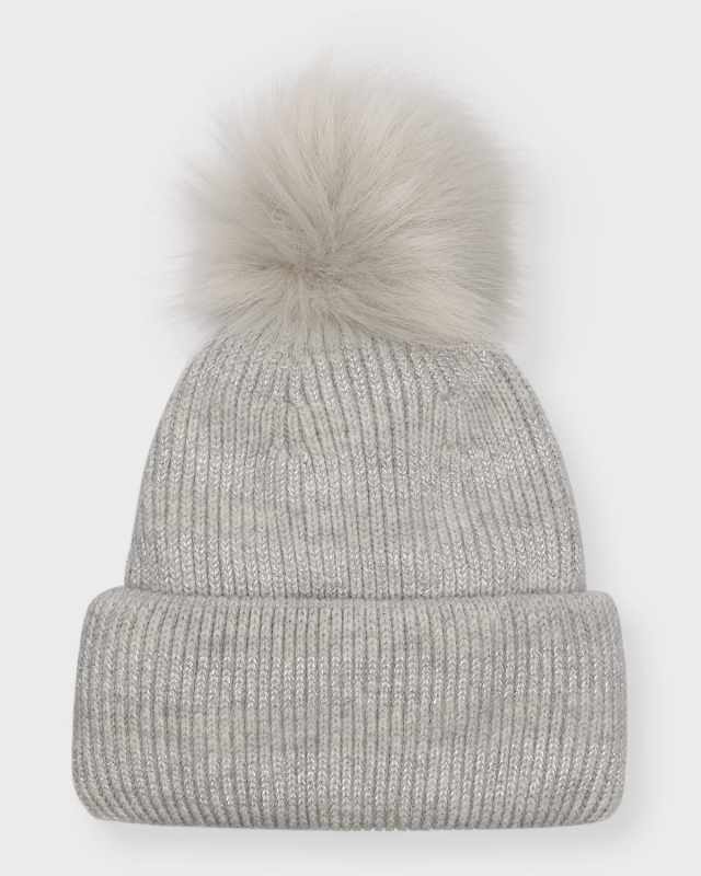 Metallic Striped Knit Beanie With Faux Fur Pom