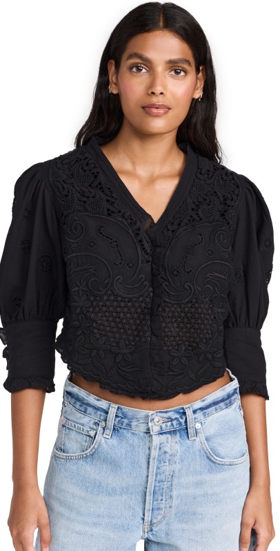 byTiMo Linen Embroidery Top Black