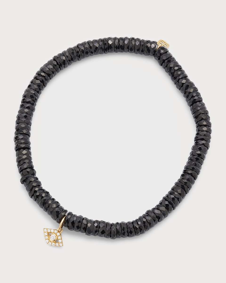 4mm Black Spinel Faceted Wheel Bracelet With Diamond Evil Eye Charm