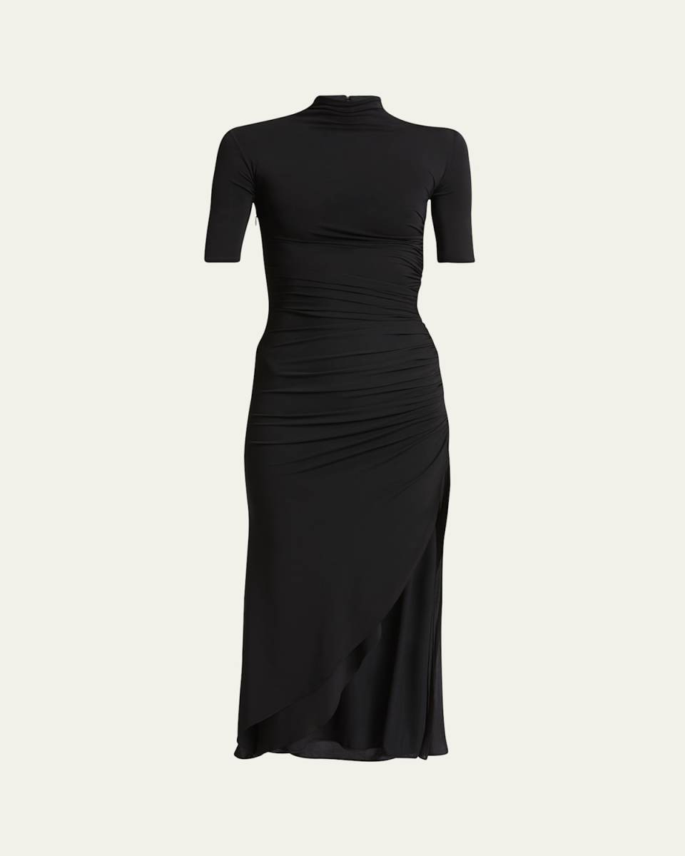 Mock-Neck Ruched Short-Sleeve Slit Midi Dress