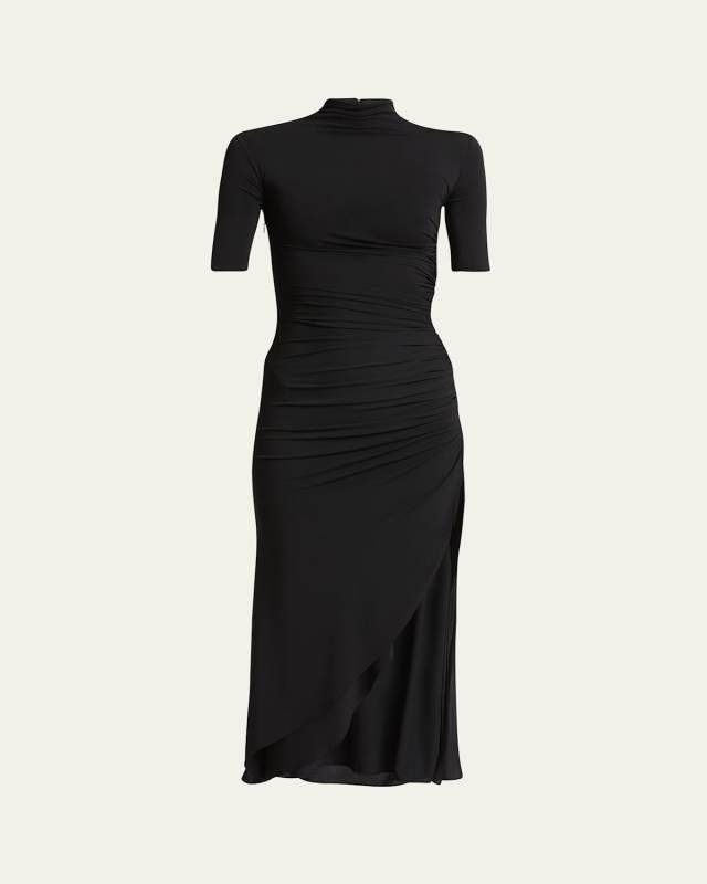 Mock-Neck Ruched Short-Sleeve Slit Midi Dress