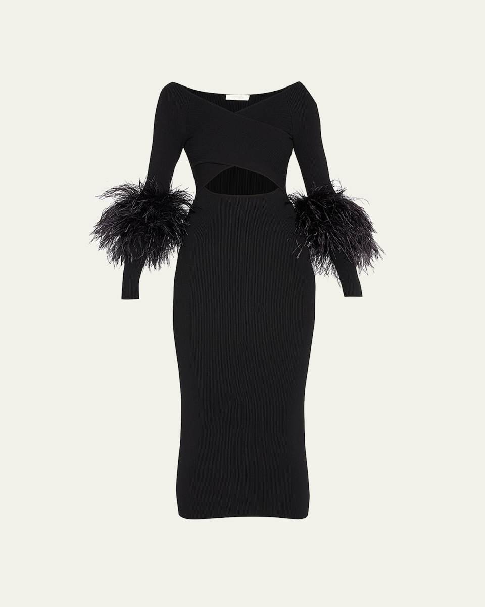 Criss-Cross Cutout Midi Dress w/ Feather Tr