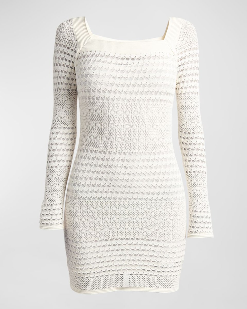 Square Neck Openwork Knit Mini Dress With Detachable Slip