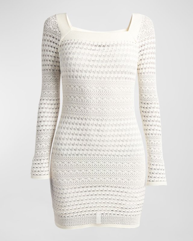 Square Neck Openwork Knit Mini Dress With Detachable Slip