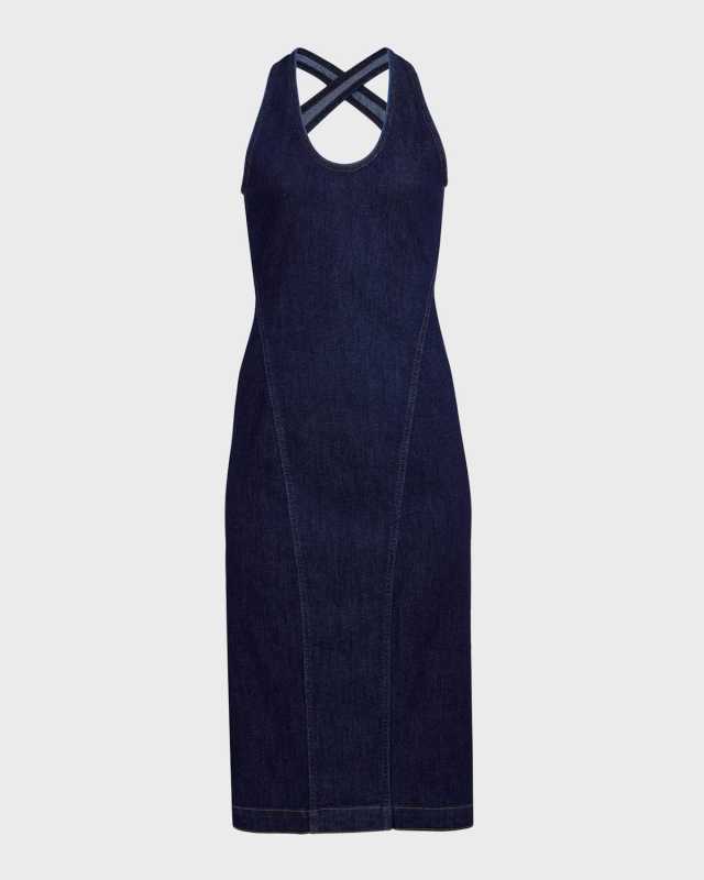 Stretch Denim Midi Dress with Open Back