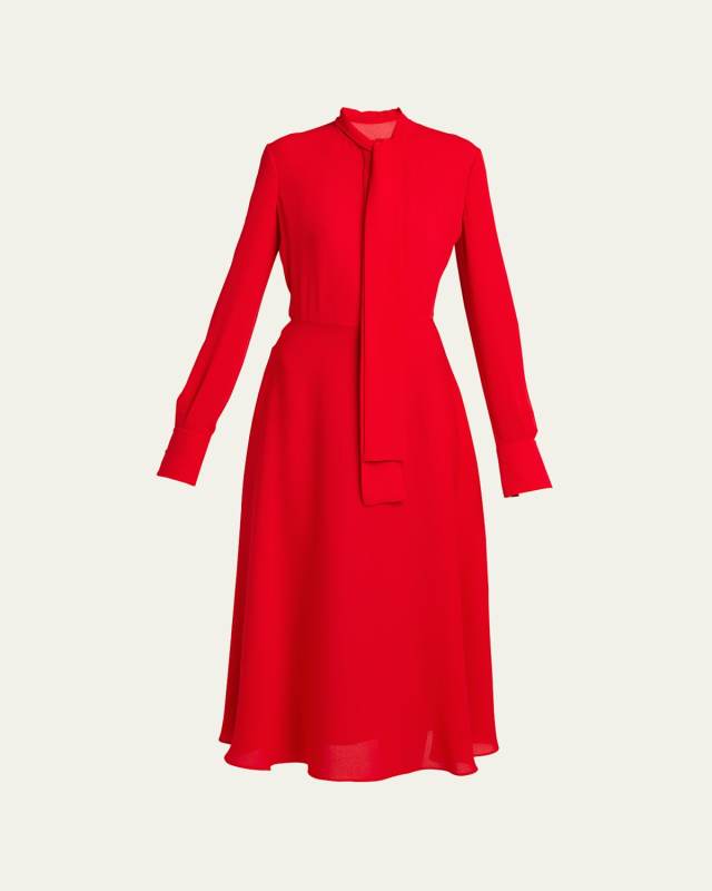 Silk Scarf-Neck Long-Sleeve Midi Dress