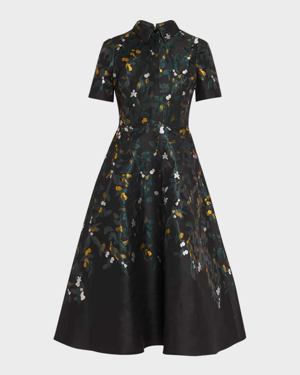 A-Line Floral Jacquard Midi Shirtdress