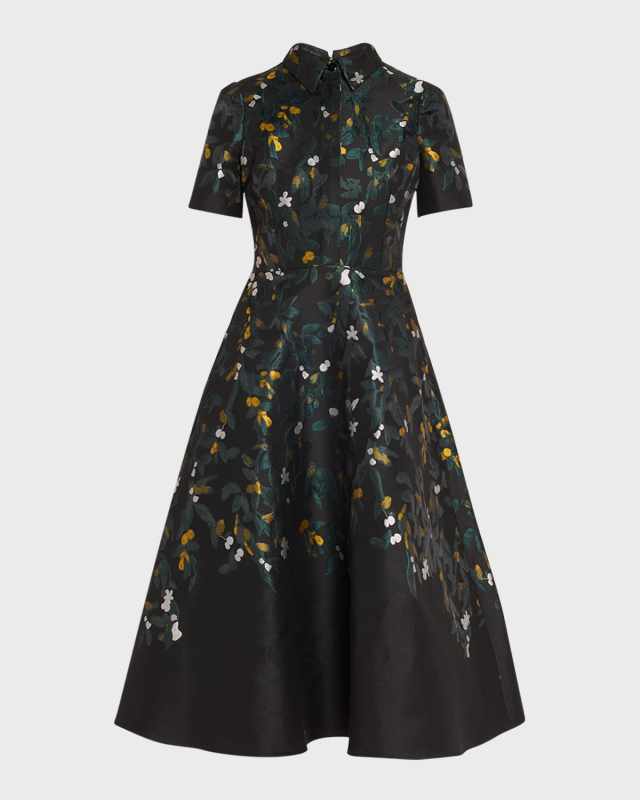 A-Line Floral Jacquard Midi Shirtdress