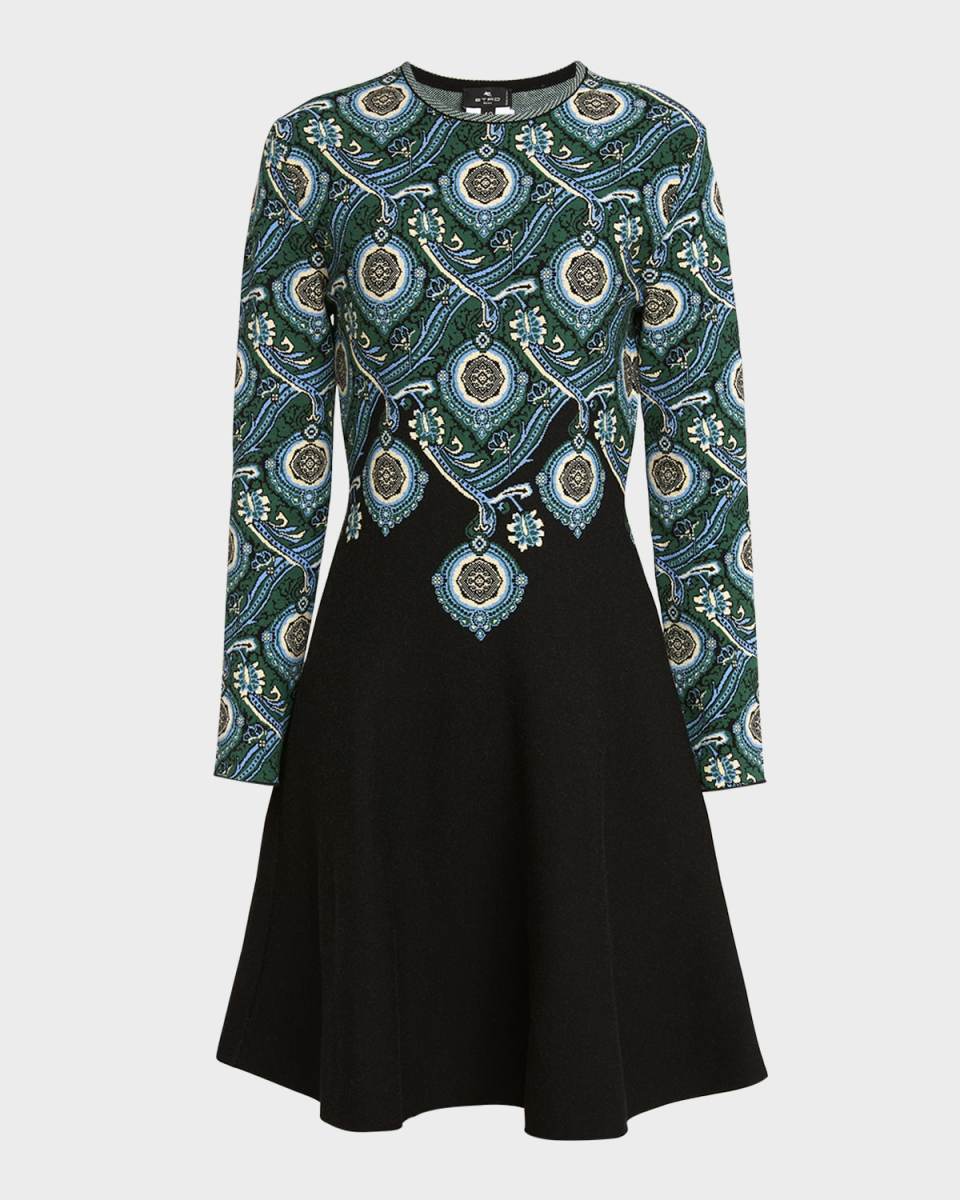 Medallion Knit Jersey Long-Sleeve Swing Dress