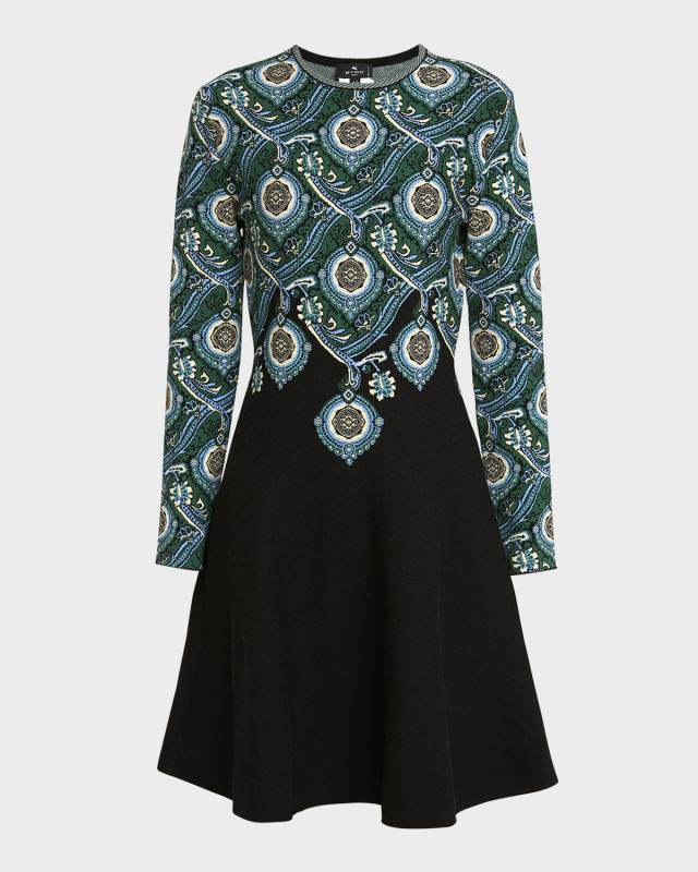 Medallion Knit Jersey Long-Sleeve Swing Dress