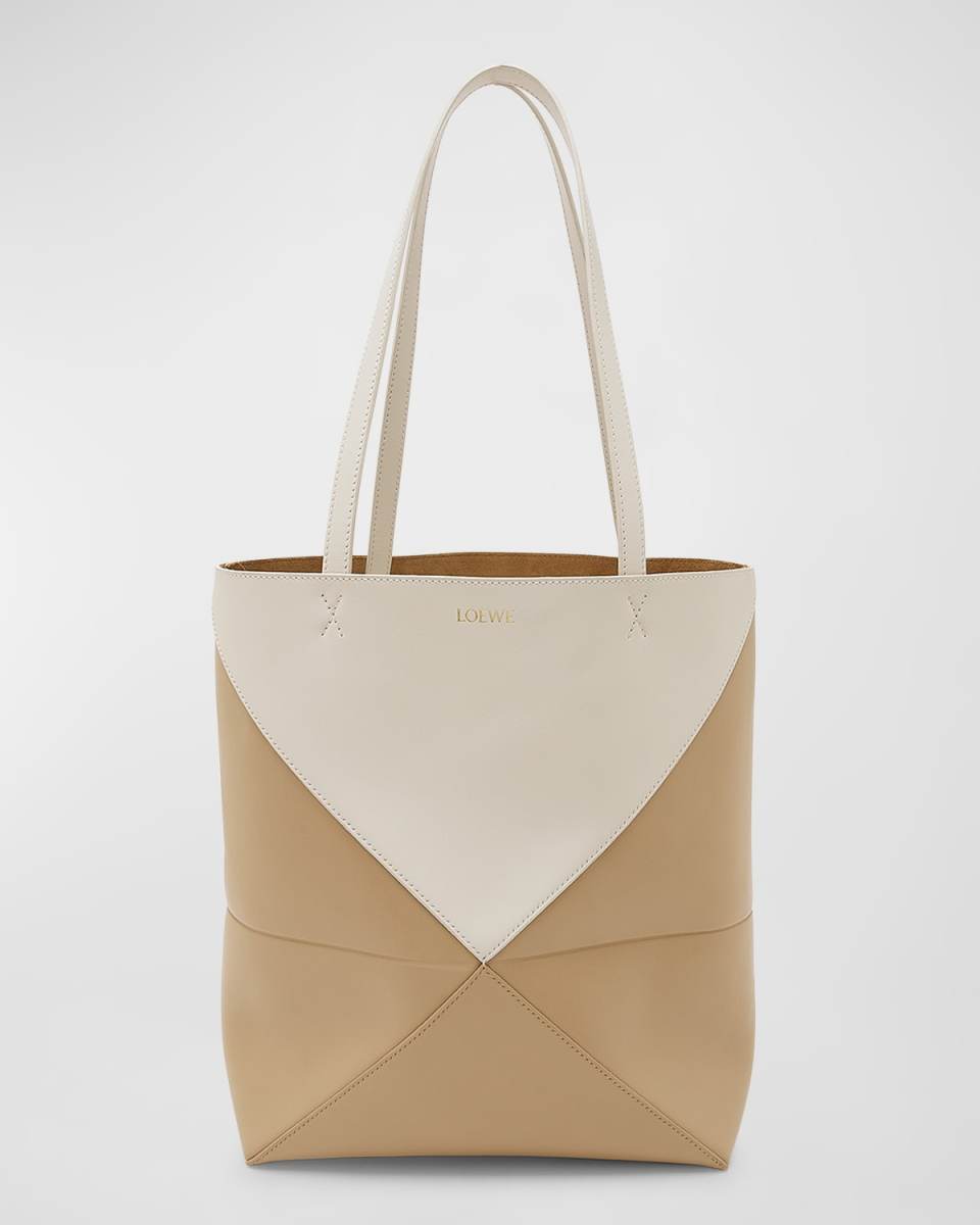 Puzzle Fold Medium Tote Bag in Shiny Bicolor Leather