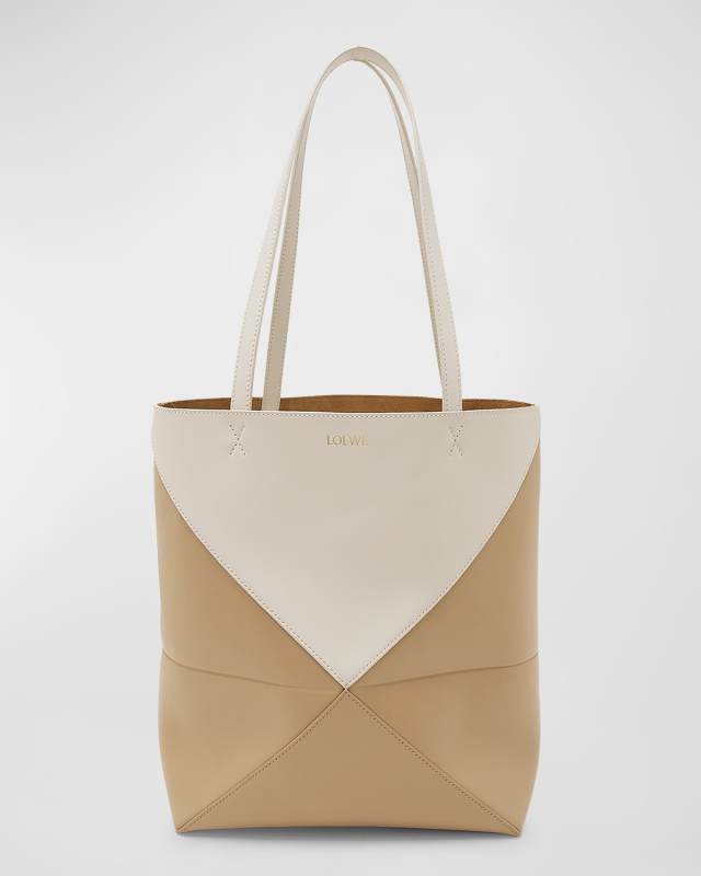Puzzle Fold Medium Tote Bag in Shiny Bicolor Leather