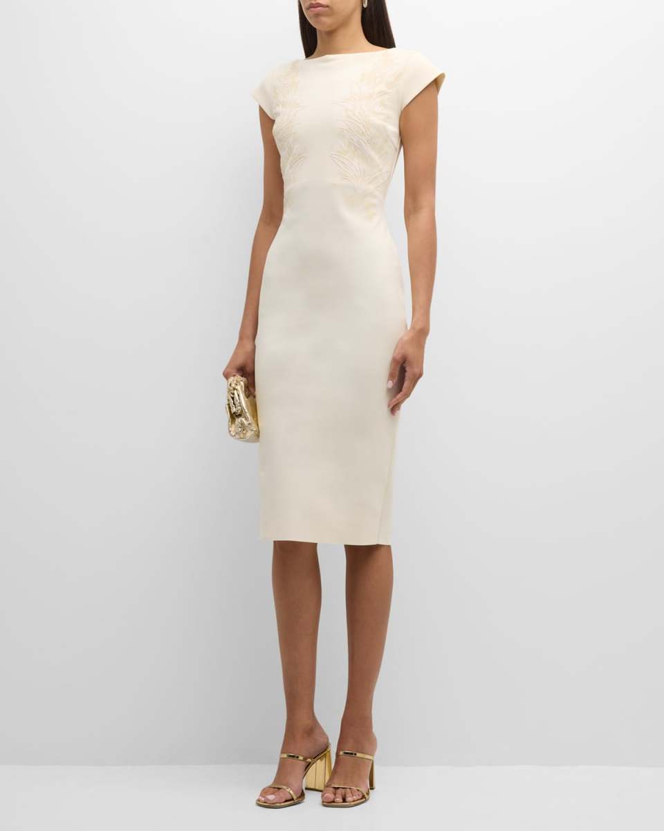 Beaded Bateau-Neck Cap-Sleeve Midi Dress
