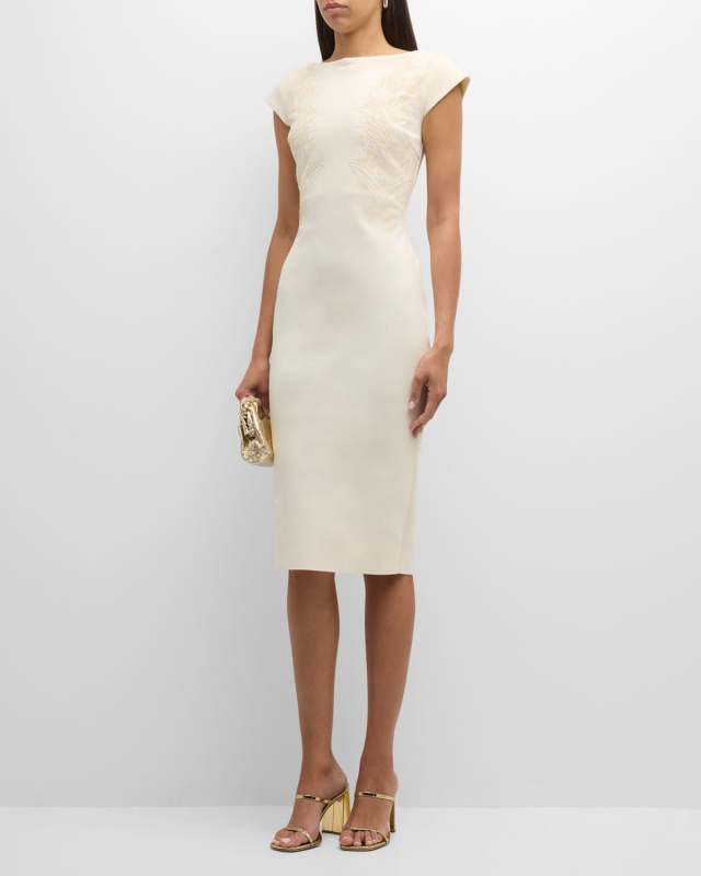 Beaded Bateau-Neck Cap-Sleeve Midi Dress