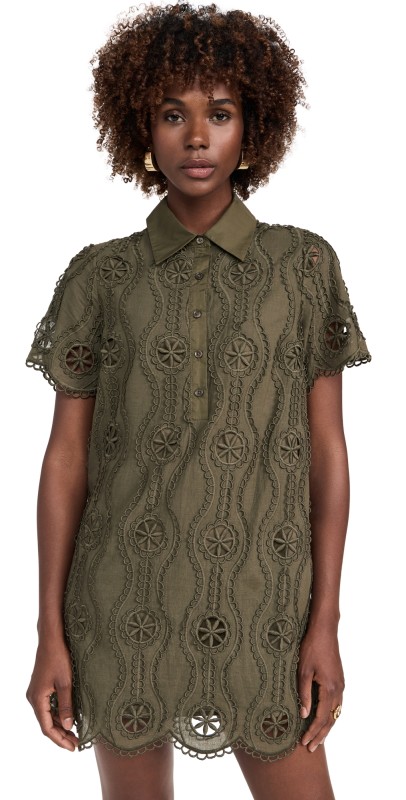 English Factory Scallop Embroidered Mini Dress Olive