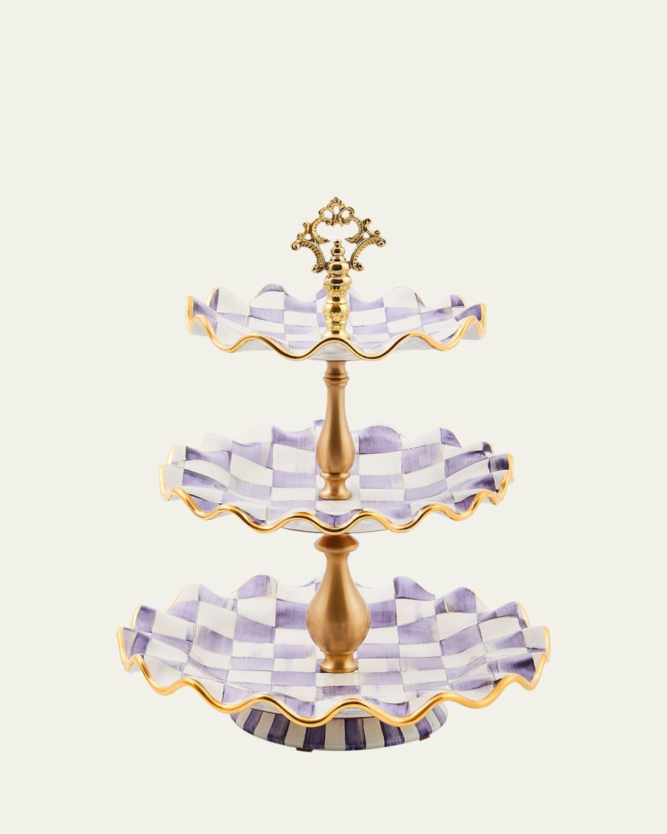 Plum Check Fluted Ceramic Three-Tier Sweet Stand