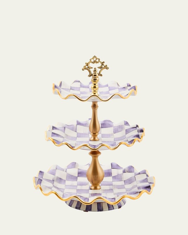 Plum Check Fluted Ceramic Three-Tier Sweet Stand