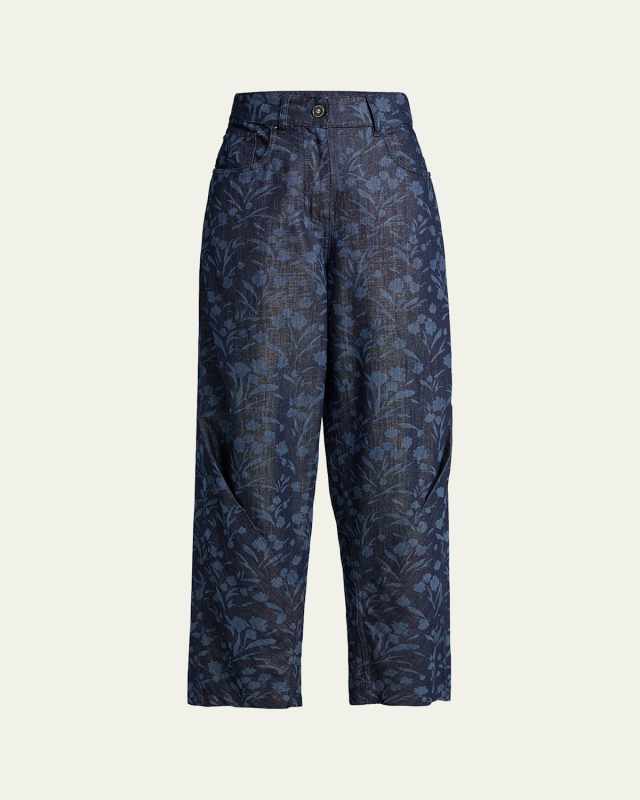 Floral Lurex Denim Wide-Leg Jeans
