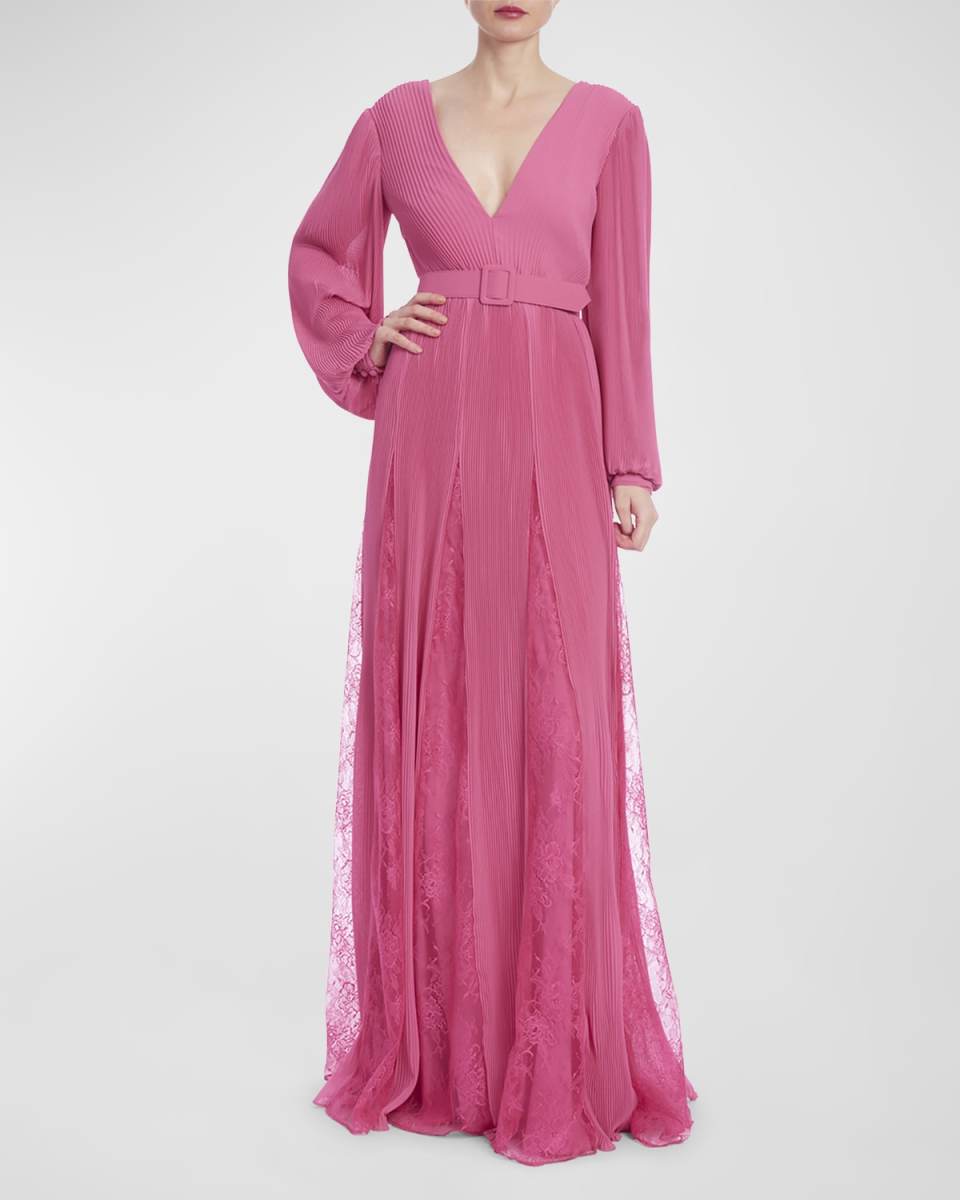 Pleated Lace-Inset Godet Gown
