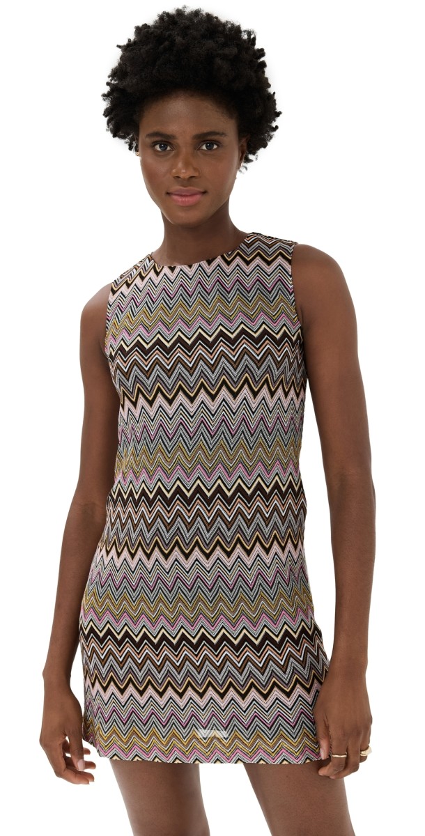 Missoni Sleeveless Zig Zag Viscose Mini Dress Multicolor Brown, Yellow, Pink