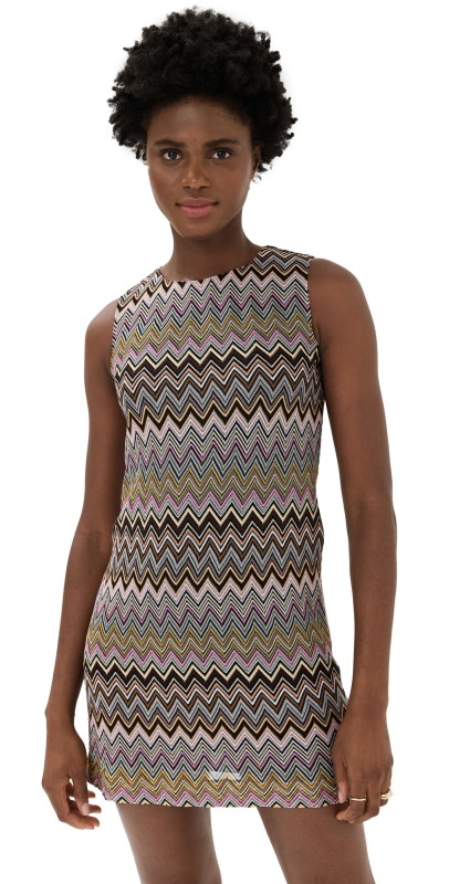 Missoni Sleeveless Zig Zag Viscose Mini Dress Multicolor Brown, Yellow, Pink