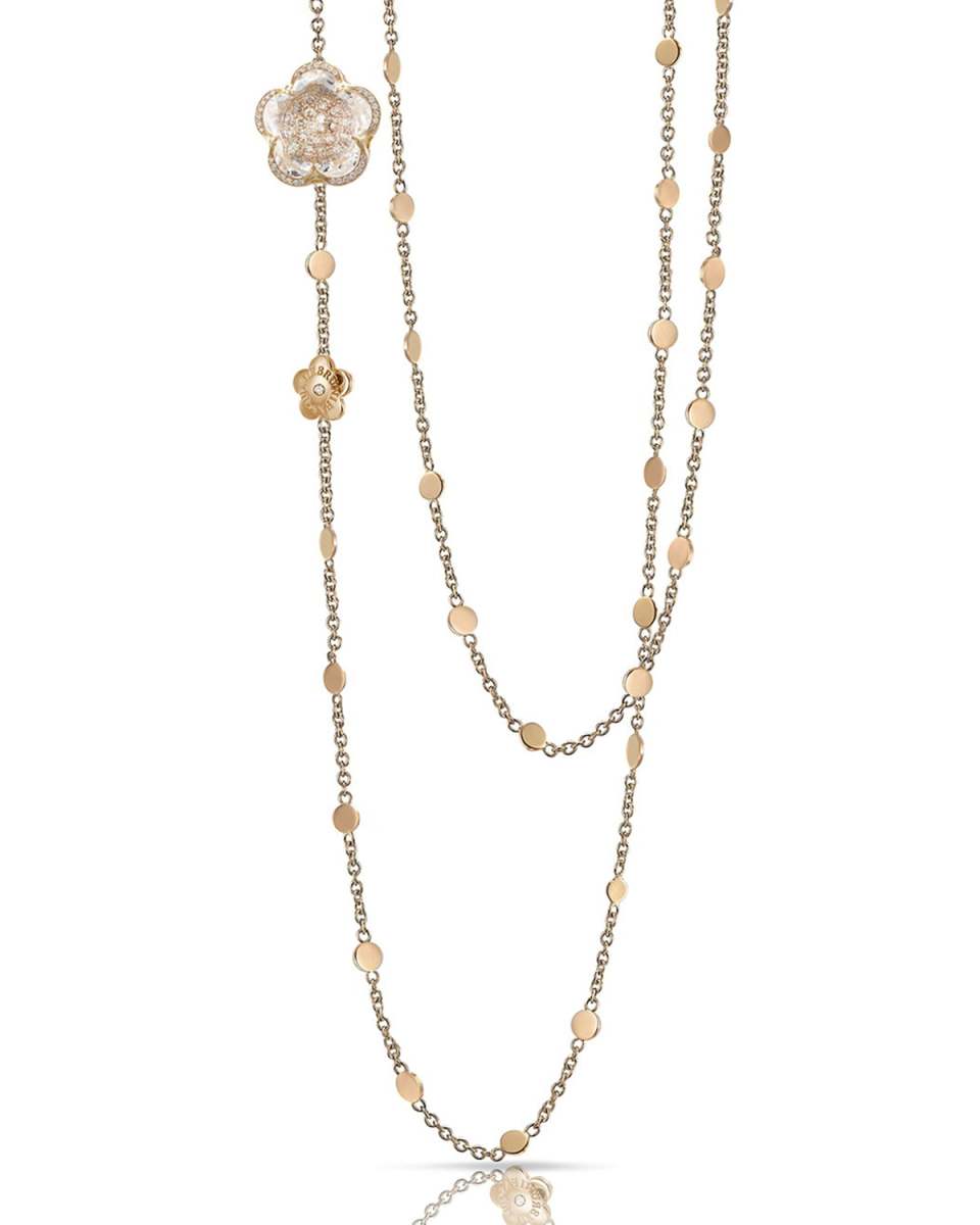 18k Rose Gold Rock Crystal Flower Necklace with Diamonds, 40"L