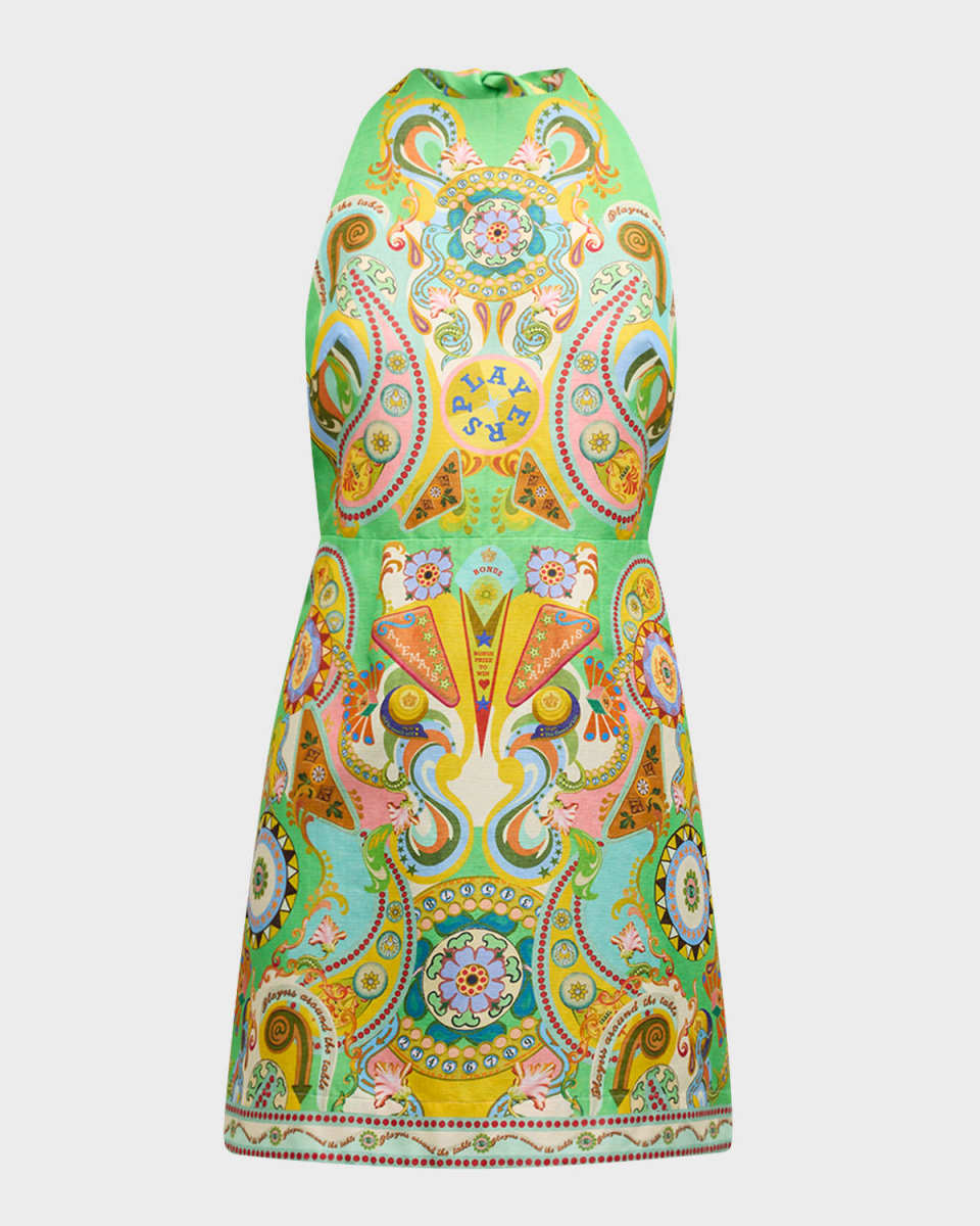 Pinball Backless Tie-Neck Linen Silk Printed Mini Dress