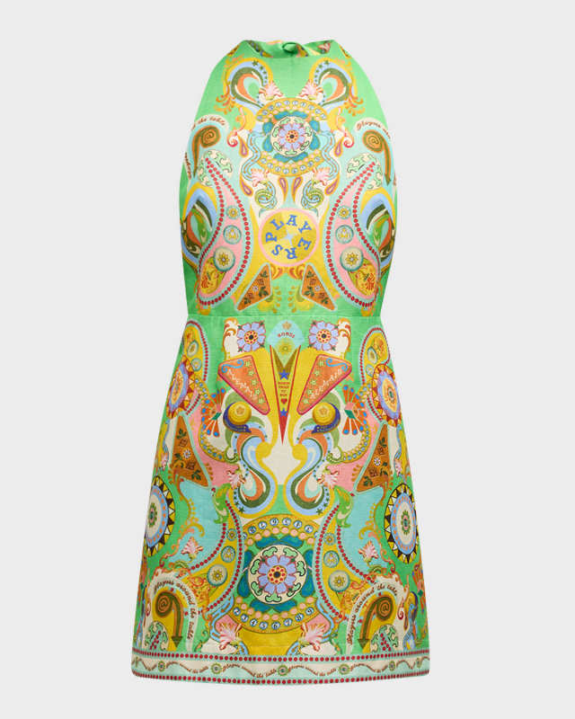 Pinball Backless Tie-Neck Linen Silk Printed Mini Dress