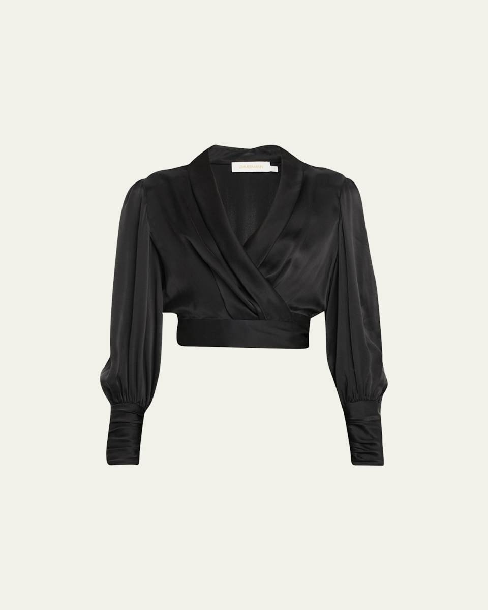 Silk Blouson-Sleeve Wrap Top