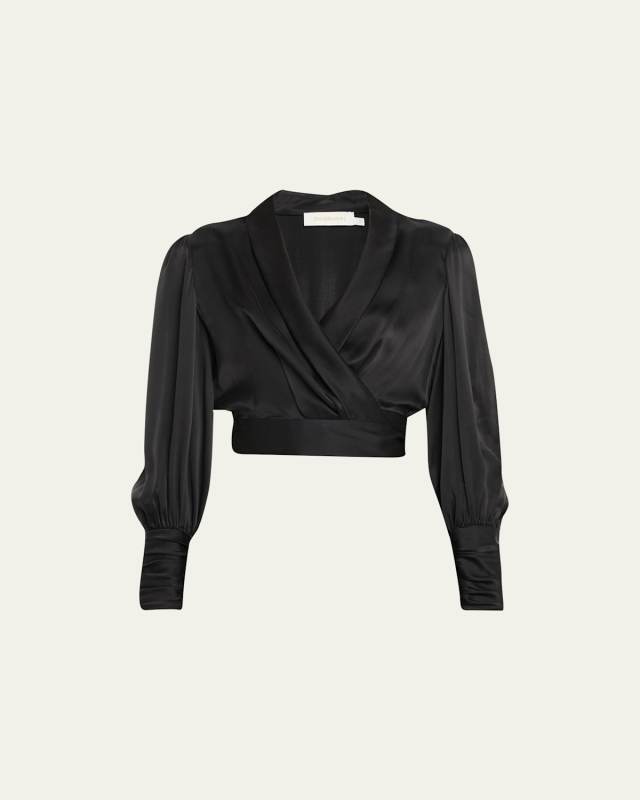 Silk Blouson-Sleeve Wrap Top