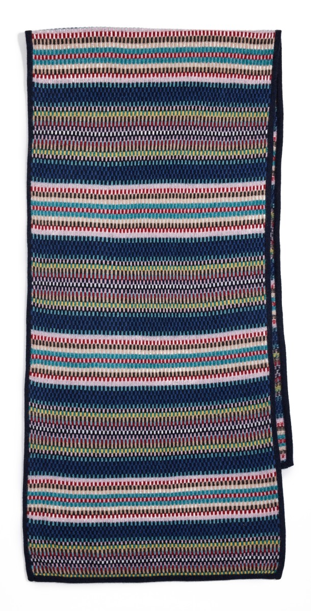 White + Warren Cashmere Striped Multi Check Scarf Navy Combo