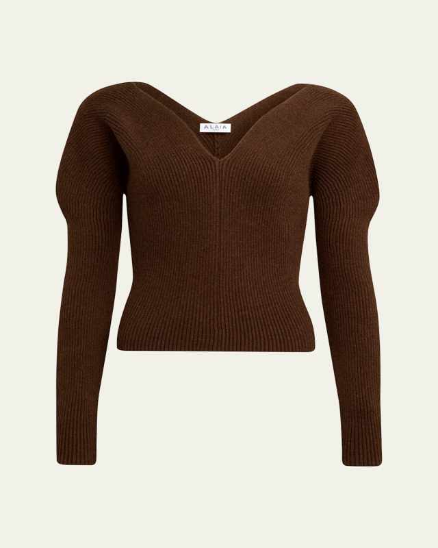 Sweetheart-Neck Long-Sleeve Rib Sweater