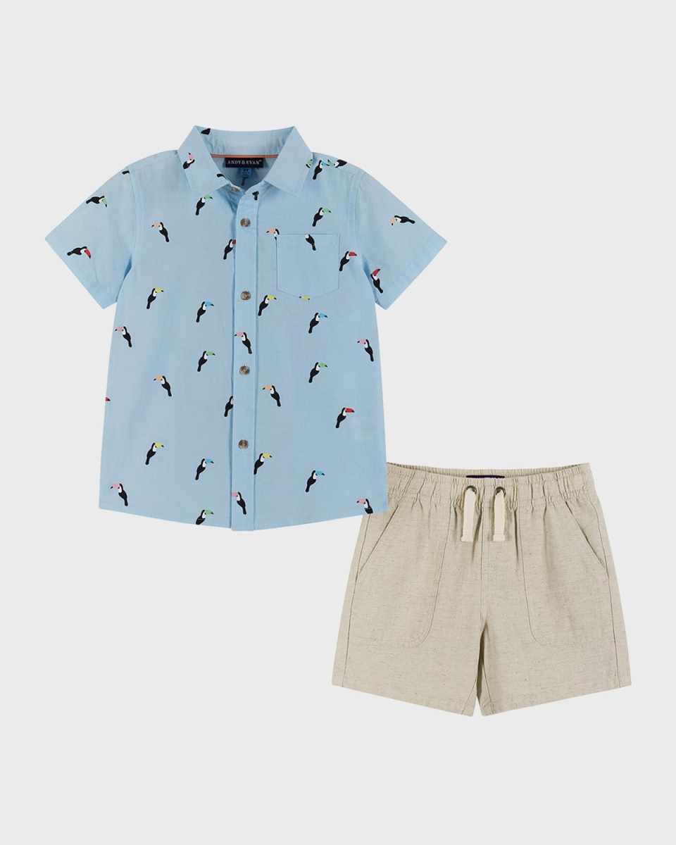 Boy's Parrot-Print Button Down Shirt & Shorts Set, Size 2T-8