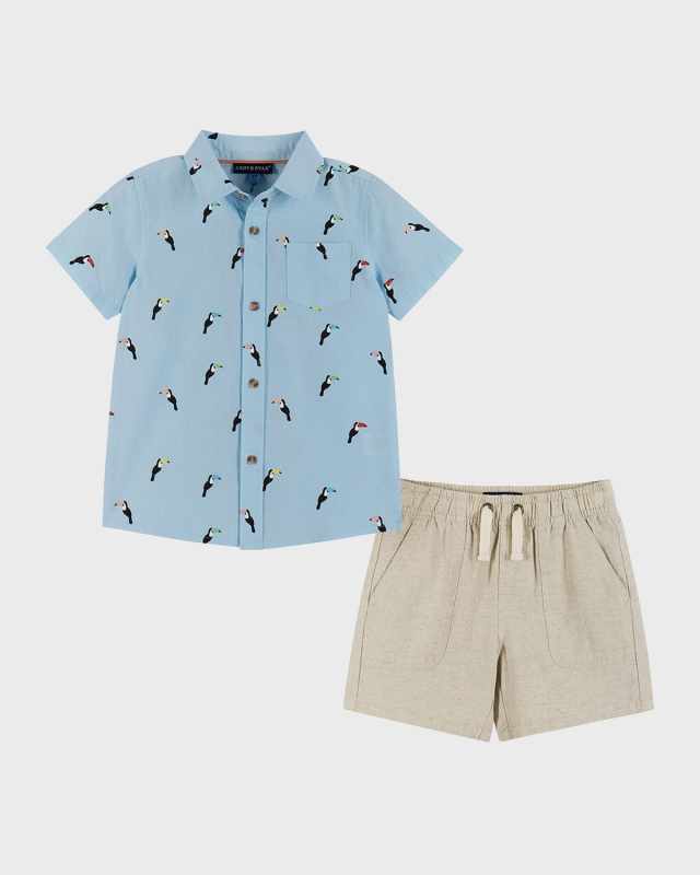 Boy's Parrot-Print Button Down Shirt & Shorts Set, Size 2T-8