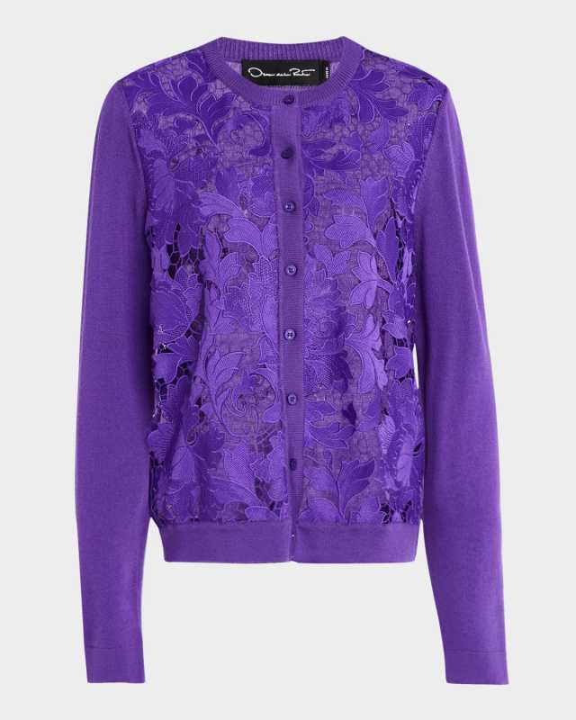 Peony Guipure-Inset Crewneck Cardigan