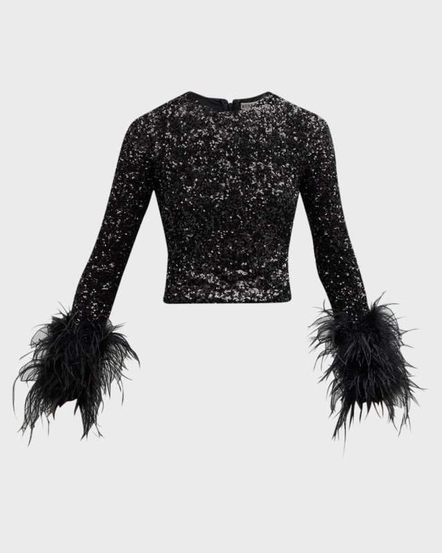 Delaina Sequined Feather-Cuff Top