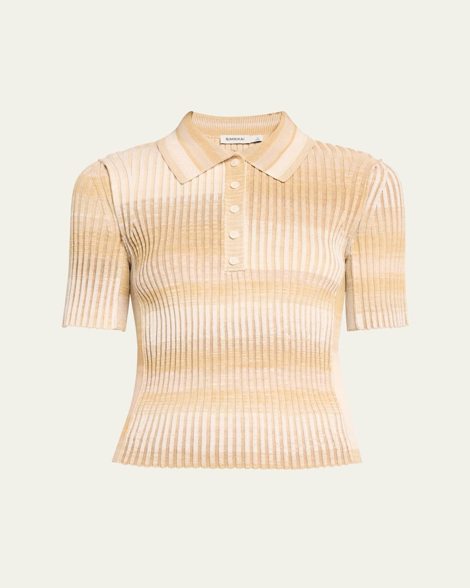 Devina Short-Sleeve Ribbed Stripe Polo Top