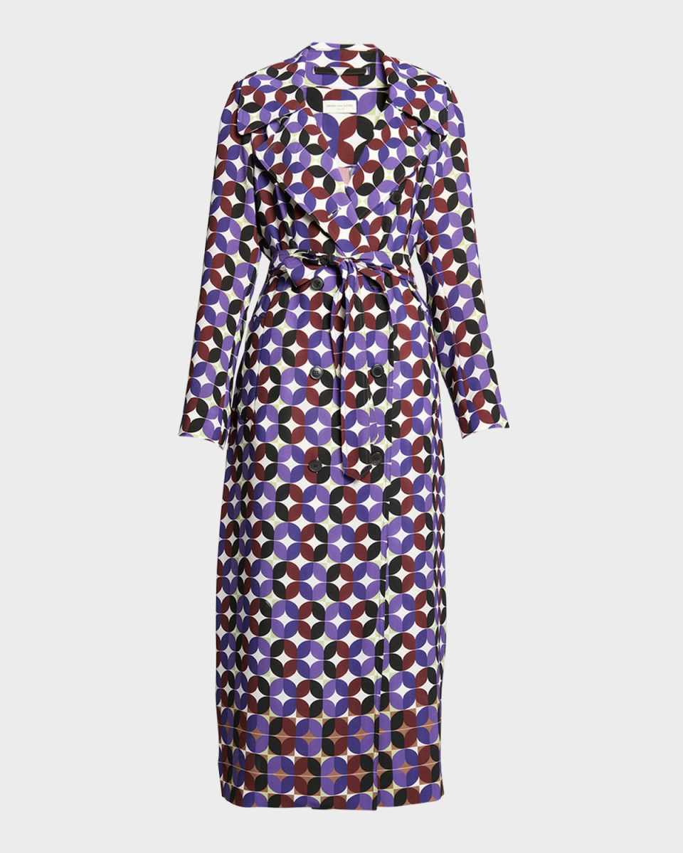 Rolana Abstract-Print Belted Long Trench Coat