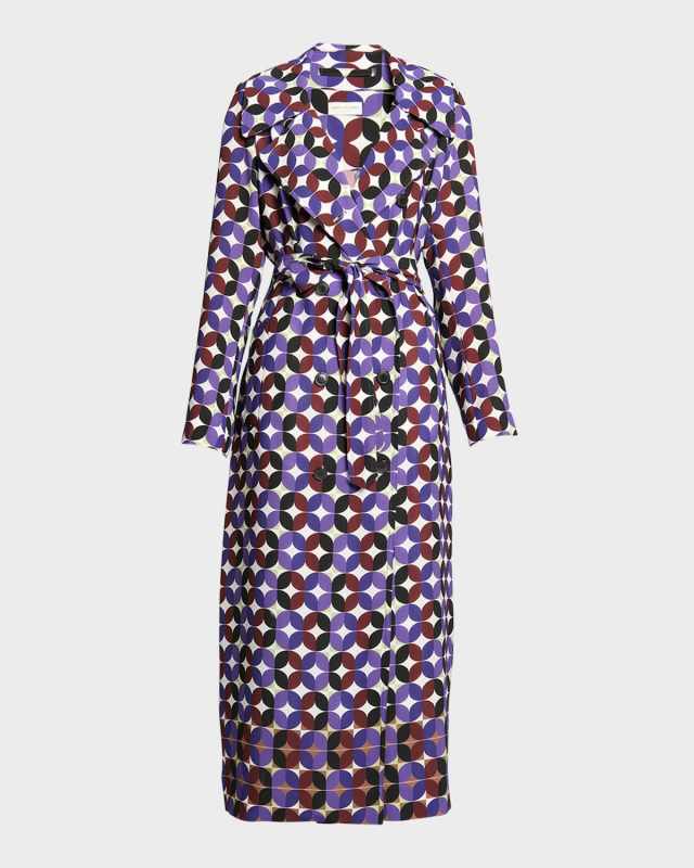 Rolana Abstract-Print Belted Long Trench Coat
